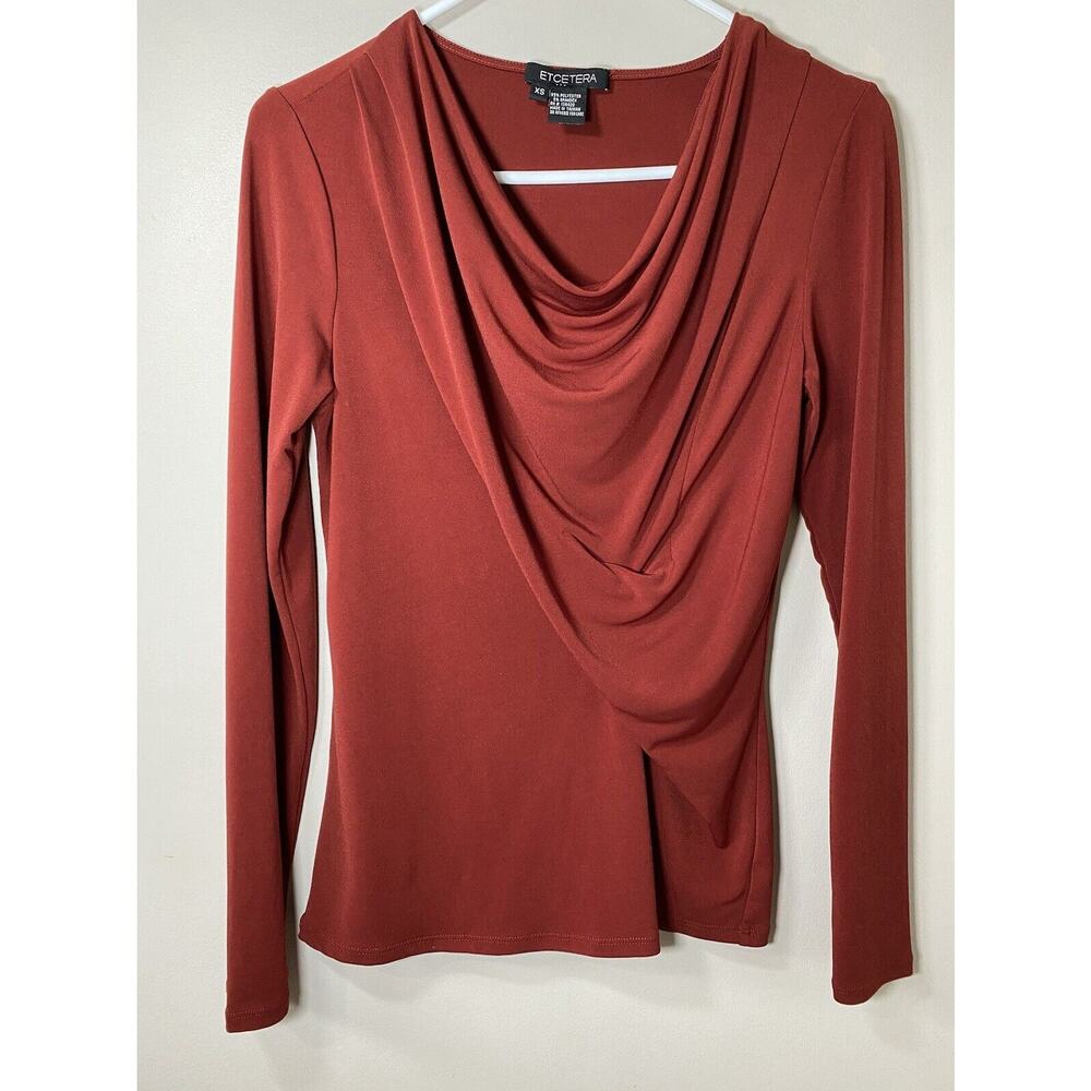 Etcetera Blouse Women's XSMALL Red Crepe Draped Neckline Long Sleeve Top